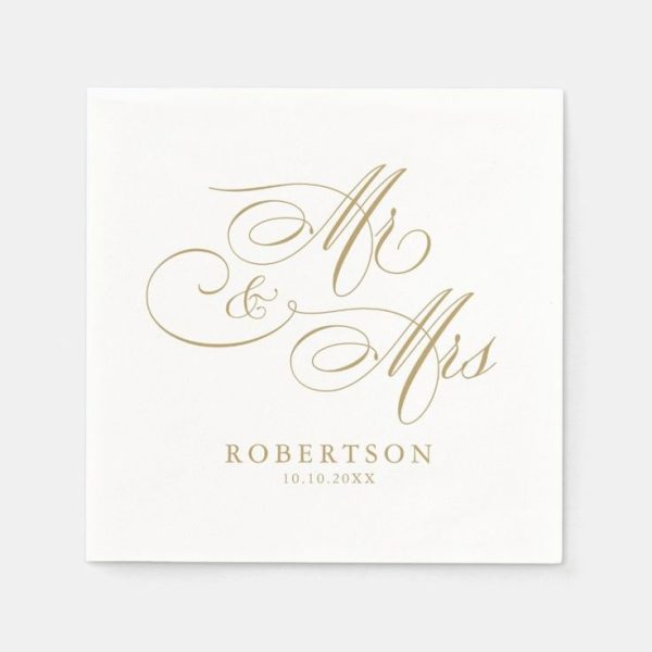 Gold Calligraphy Mr & Mrs Wedding Napkin