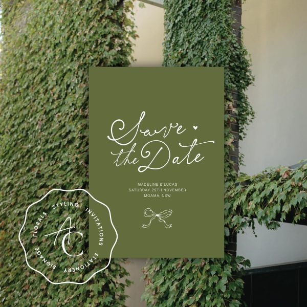 Save the Date Card in Olive Green with Script Font