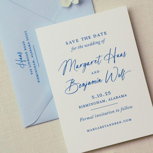 Save the Date Wedding Invitation with Elegant Blue Calligraphy