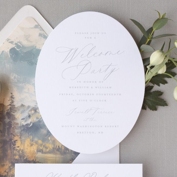 Oval Welcome Party Invitation with Plume Calligraphy Font