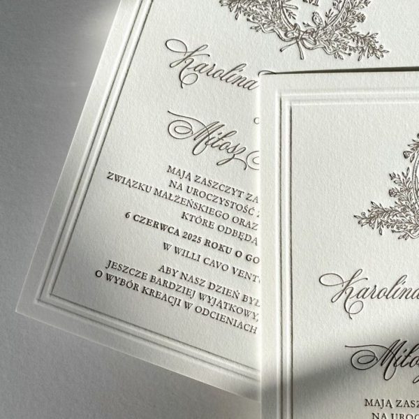 Elegant Letterpress Wedding Invitation with Monogram Crest in Polish