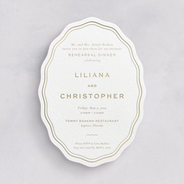 Elegant Rehearsal Dinner Invitation with Gold Foil and Unique Shape