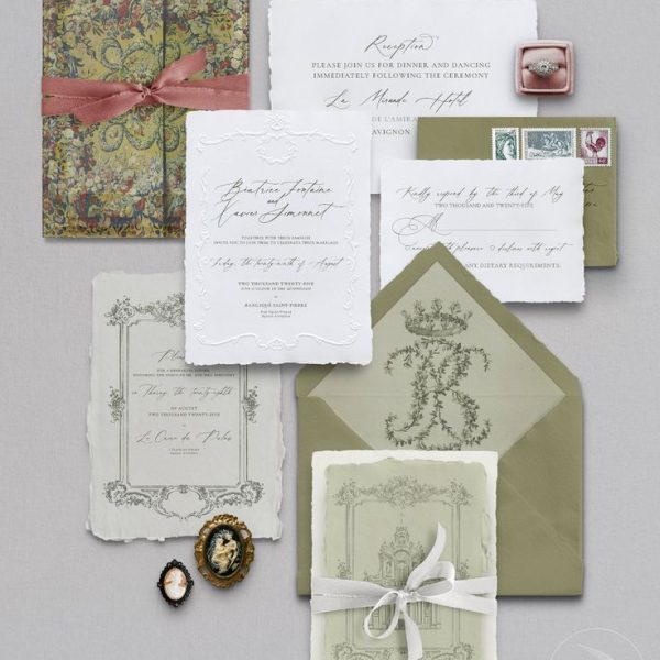 Vintage French wedding invitation suite with ornate details