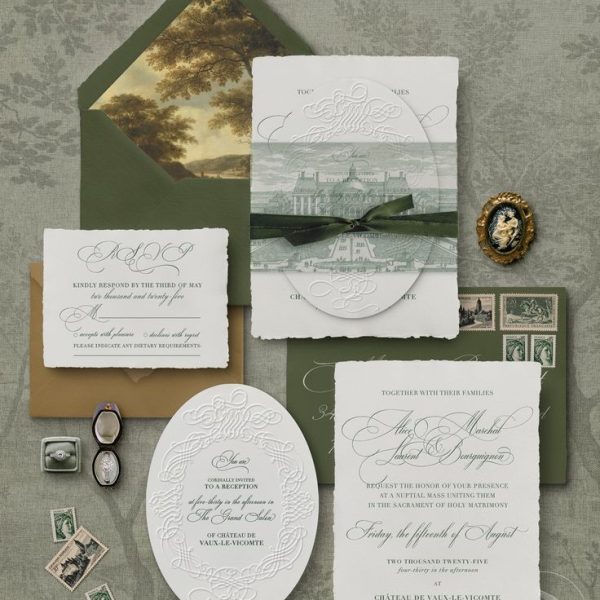 Elegant Green and White Wedding Invitation Suite with Venue Illustration