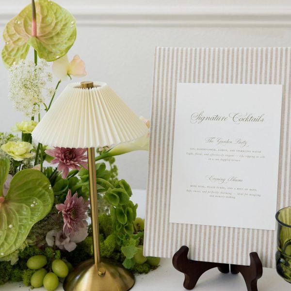 Wedding Signature Cocktail Menu with Striped Frame and Elegant Script