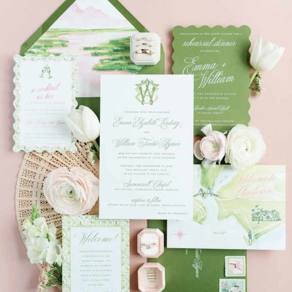 Green and white Charleston wedding invitation suite with floral details