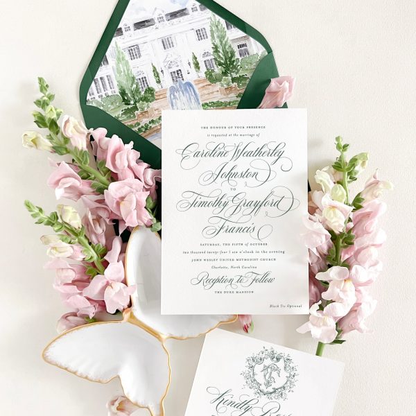 Elegant Wedding Invitation Suite with Script Calligraphy and Custom Venue Illustration