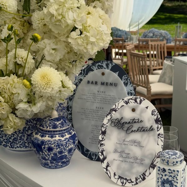 Elegant Bar Menu and Signature Cocktail Sign with Blue Floral Accents