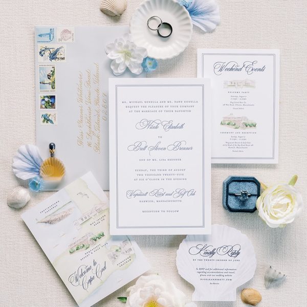Coastal Wedding Invitation Suite with Illustrated Map and Seashell RSVP