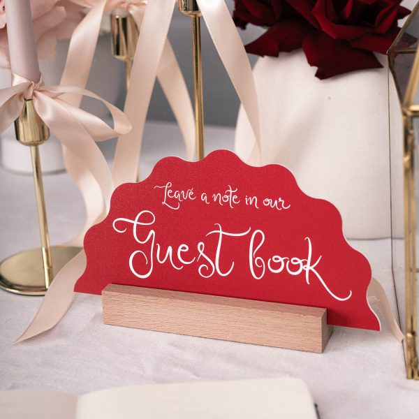 Red Wedding Guest Book Sign with White Script Calligraphy