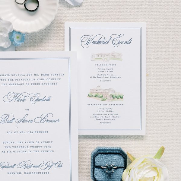 Navy Script Wedding Invitation Suite with Weekend Events Card