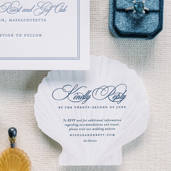 Seashell RSVP Card with Navy Script Calligraphy