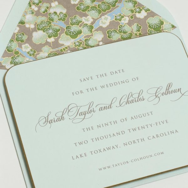 Elegant Green Save the Date Wedding Card with Floral Envelope Liner