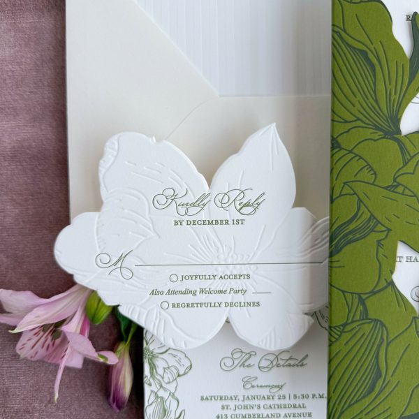 Floral RSVP Card – Elegant Cutout with Embossed Petals & Script Calligraphy