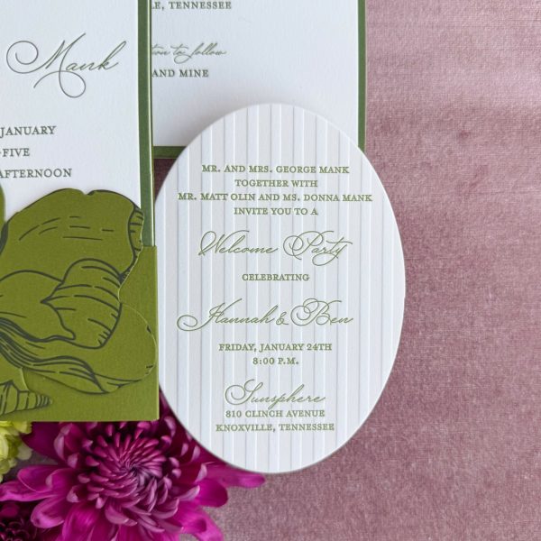 Oval Wedding Welcome Party Invitation with Vertical Embossed Lines and Script Calligraphy