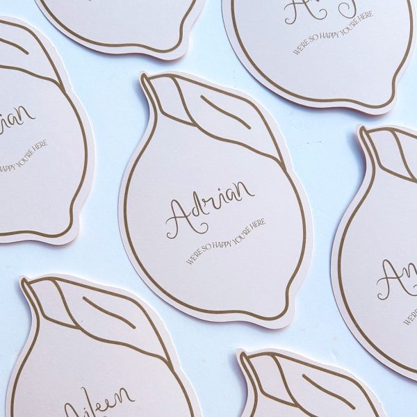 Lemon-Shaped Wedding Place Cards with Minimalist Outline Design