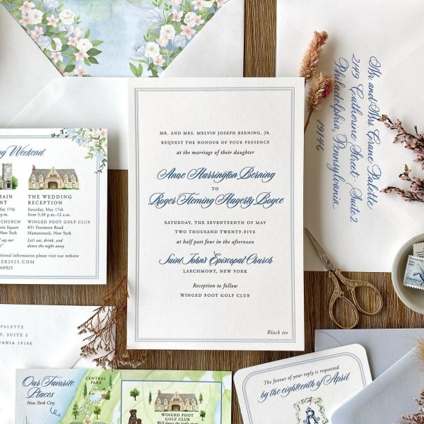 Classic Wedding Invitation with Blue Calligraphy Script