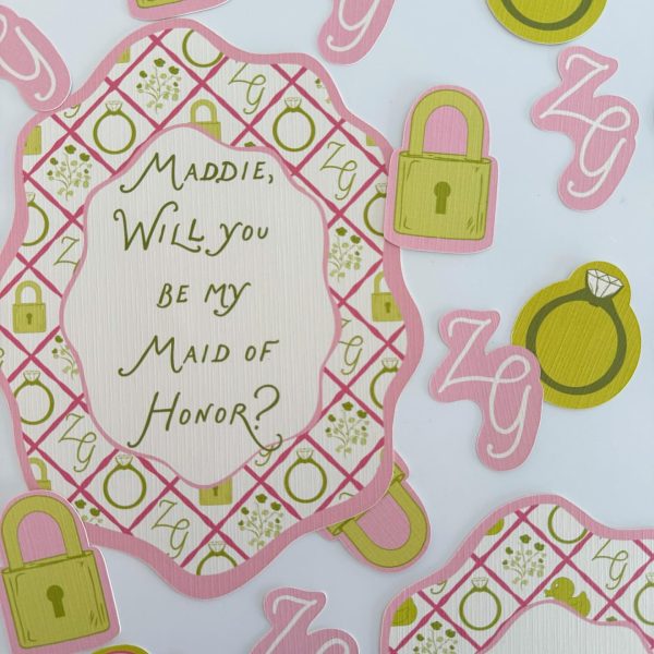 Colorful Maid of Honor proposal card with playful pink and green design