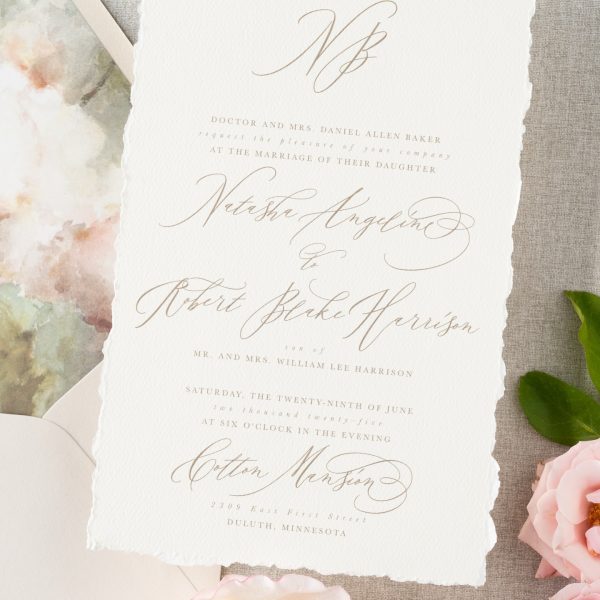 Romantic Wedding Invitation with Deckle Edge and Calligraphy