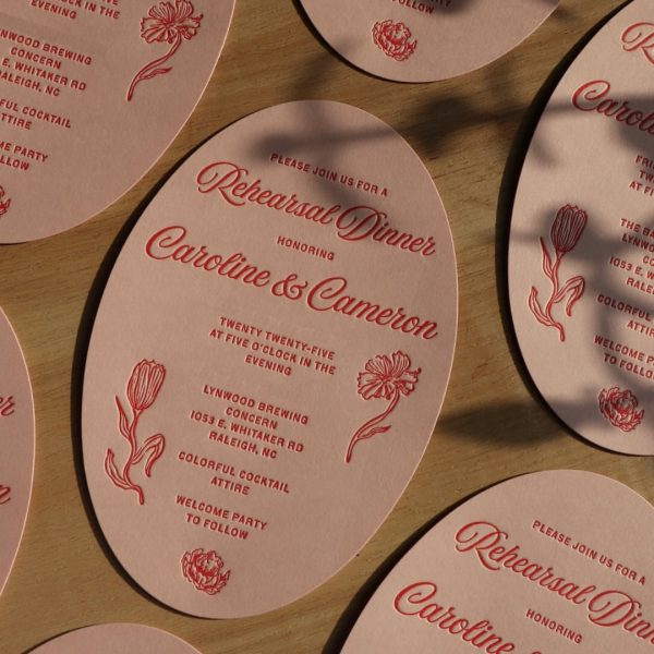 Oval Pink Wedding Invitations with Red Floral Illustrations