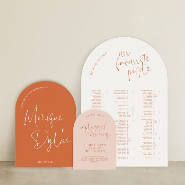 Modern terracotta wedding welcome sign set with seating chart and unplugged ceremony board