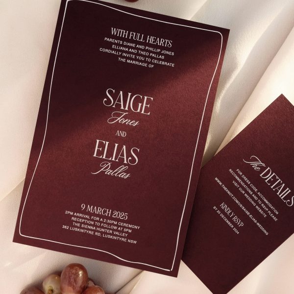 Elegant Burgundy Wedding Invitation with Minimal Serif and Script Fonts