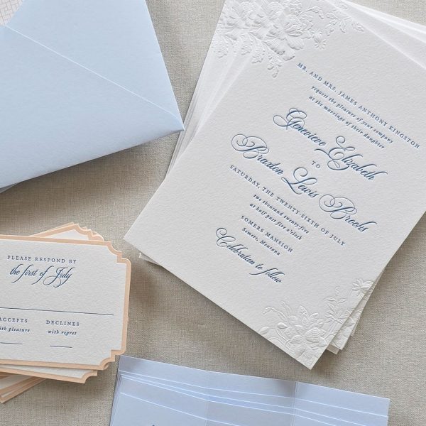 Elegant Letterpress Wedding Invitation with Blue Calligraphy