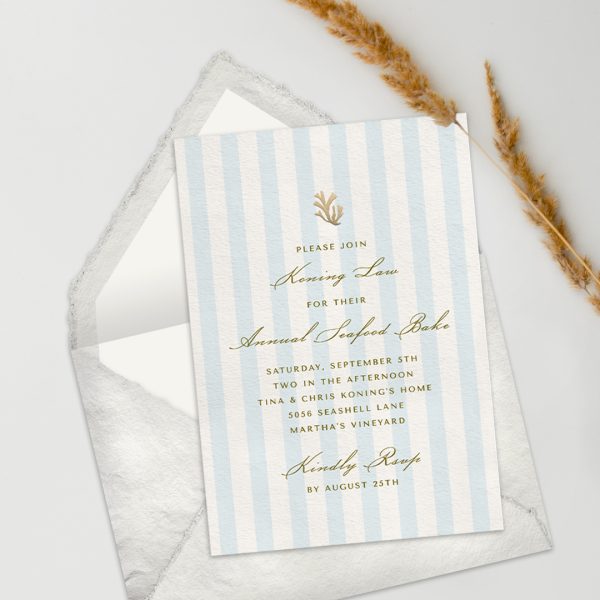 Coastal Seafood Bake Invitation with Blue Stripes