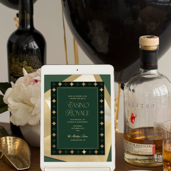Casino Royale Digital Invitation with Gold and Green Art Deco Design