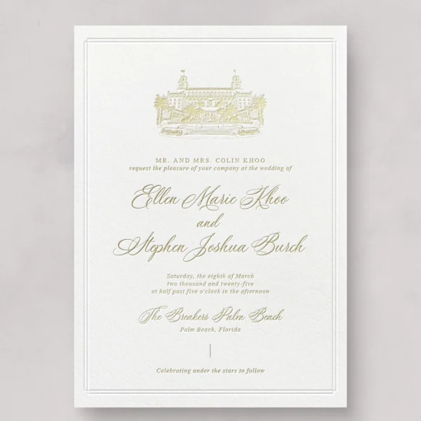 Elegant Palm Beach Wedding Invitation with Gold Foil and Calligraphy