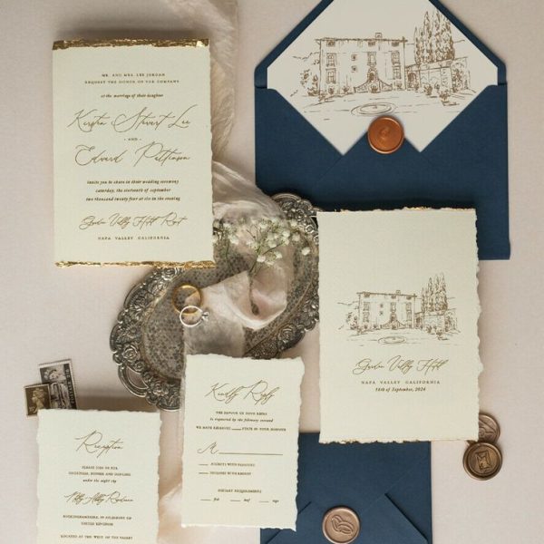 Rustic Wedding Invitation Suite with Deckled Edges and Gold Foil