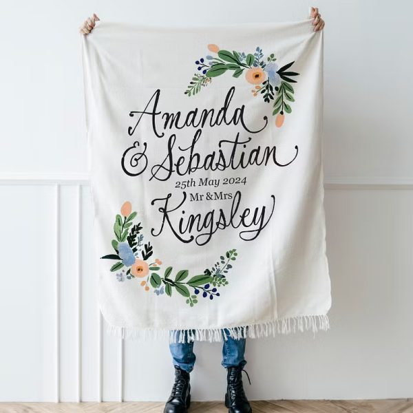 Personalized Wedding Blanket with Calligraphy Names and Floral Design