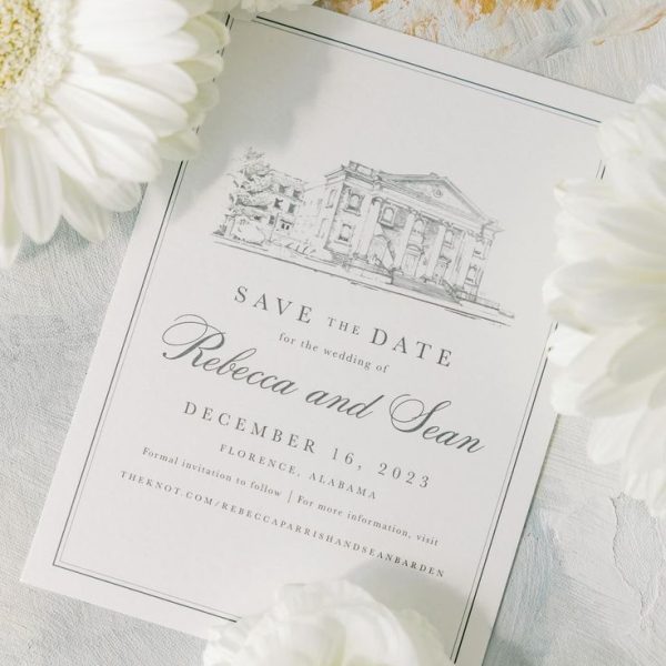Save the Date card with elegant calligraphy and venue sketch