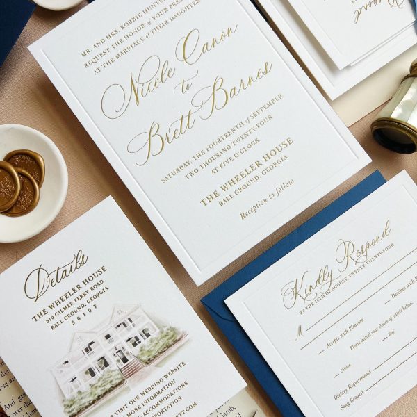 Elegant Wedding Invitation Suite with Gold Accents