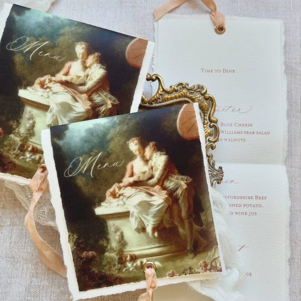 Vintage wedding menu with classical painting design