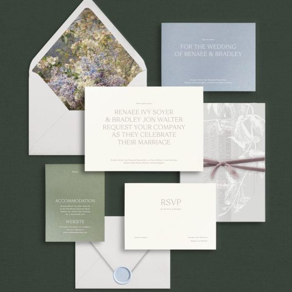 Modern wedding invitation suite with floral envelope liner
