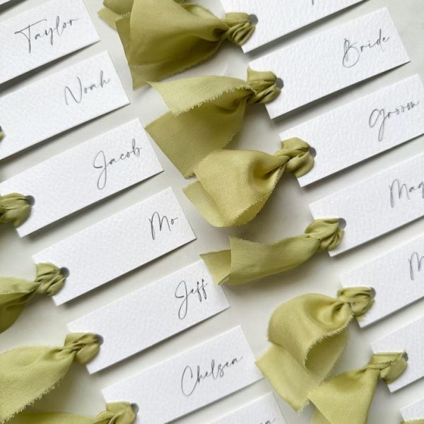 Wedding Place Cards with Green Ribbon Accents