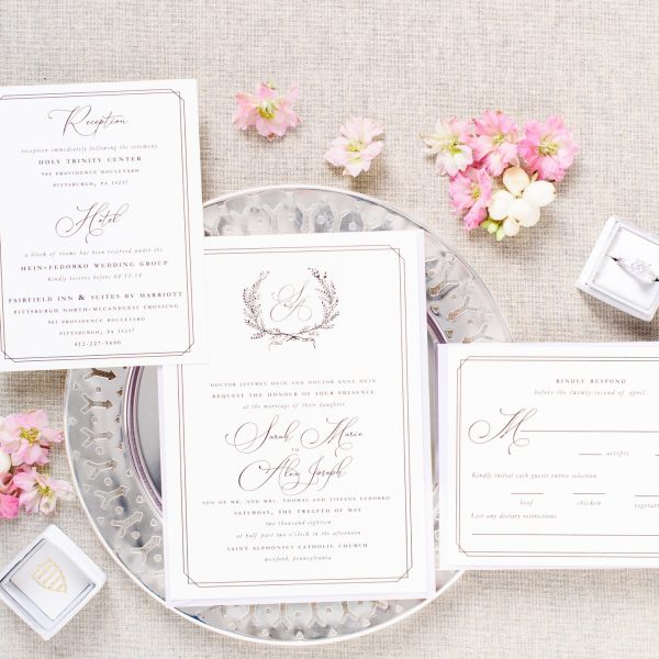 Wedding Invitation Flat Lay with Pink Flowers