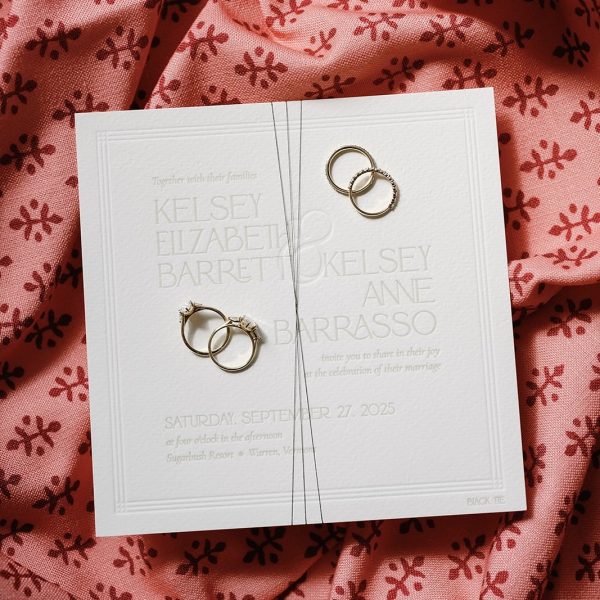 Wedding Invitation with Rings on Floral Fabric